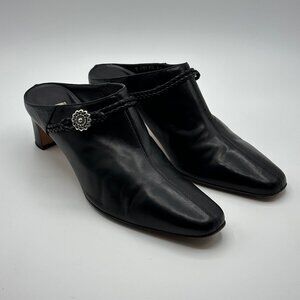 Brighton Women's Twist Leather Black Mules Silver and Braid Accent Heels Size 6